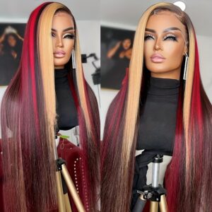 13x4 Red Blonde Highlight Lace Front Wig for Women - Silky Straight Synthetic Heat Resistant Fiber, Pre-Plucked Hairline, Glueless Design for Daily & Party Wear, Party Hairpiece | Silky Straight Wig | Synthetic Fiber Wig