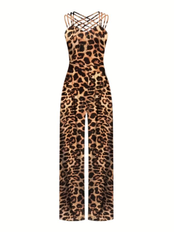 Women's Leopard Print Sleeveless Jumpsuit - Casual Knit Polyester, Wide-Leg Design, Machine Washable, All-Season Fashion for Adults, Allseason Outfit | Leopard Print Attire | Polyester Knit - Image 4