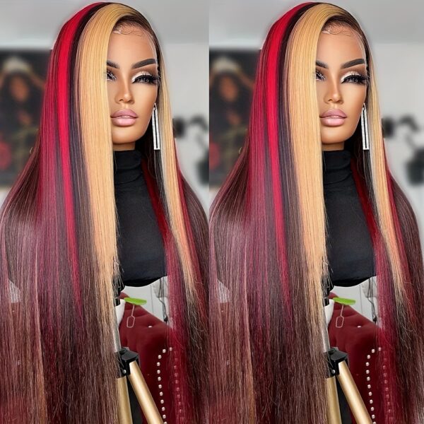 13x4 Red Blonde Highlight Lace Front Wig for Women - Silky Straight Synthetic Heat Resistant Fiber, Pre-Plucked Hairline, Glueless Design for Daily & Party Wear, Party Hairpiece | Silky Straight Wig | Synthetic Fiber Wig - Image 3
