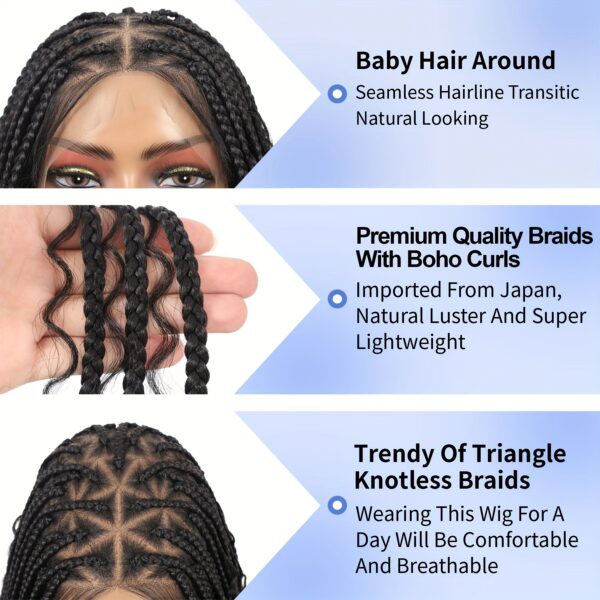 Elegant Full Lace Boho Braided Wig for Women - 180% Density, Box Braids with Curly Ends, Low-Temperature Fiber, Versatile Styling, Black - Image 4