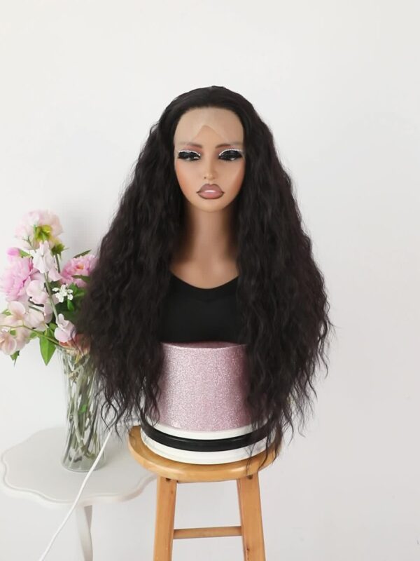 Everyday Elegance| Elegant 26" Black Water Wave Lace Front Wig for Women - Pre-Plucked Hairline, Glueless, Heat Resistant Synthetic Hair, 180% Density, Versatile Free Part Design - Image 8