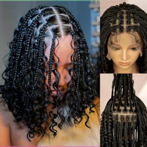 Women'S Vacation Style Full Lace Wig, High Temperature Fiber, 150% Density, Curly Braided Butterfly Lace Edge, Middle Length Goddess Wig for African Women