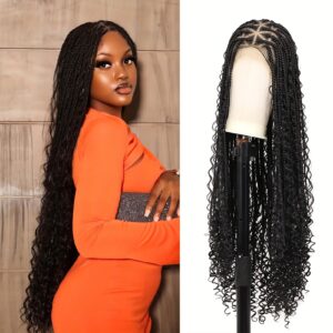 Elegant Full Lace Boho Braided Wig for Women - 180% Density, Box Braids with Curly Ends, Low-Temperature Fiber, Versatile Styling, Black