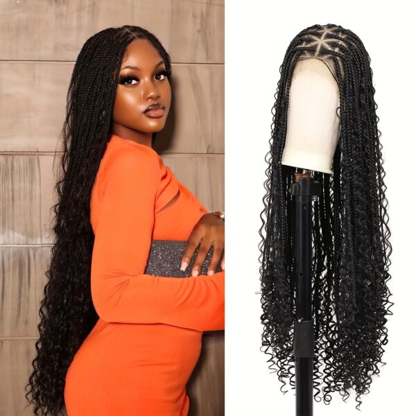 Elegant Full Lace Boho Braided Wig for Women - 180% Density, Box Braids with Curly Ends, Low-Temperature Fiber, Versatile Styling, Black