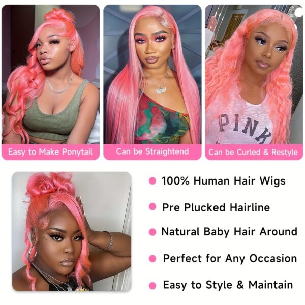 Pink Lace Front Wig Human Hair 30 Inch Pink Wig Human Hair 180 Density13x4 HD Frontal Body Wave Wigs Human Hair Pre Plucked With Baby Hair Colored Pink Human Hair Lace Front Wig For Women - Image 3