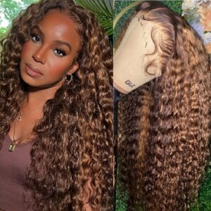13x4 Highlight Ombre Water Wave Lace Front Wigs Human Hair Pre Plucked 4/27 Colored Glueless Wigs Water Wave Honey Blonde Curly Lace Frontal Wigs 180% Density Human Hair for Women with Baby Hair