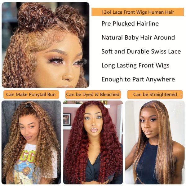 13x4 Highlight Ombre Water Wave Lace Front Wigs Human Hair Pre Plucked 4/27 Colored Glueless Wigs Water Wave Honey Blonde Curly Lace Frontal Wigs 180% Density Human Hair for Women with Baby Hair - Image 12