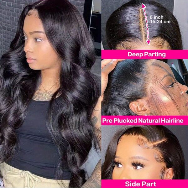 Funky Girl 13x6 Lace Front Body Wave Wig - Brazilian Remy Human Hair, Pre-Plucked with Baby Hair, 180% Density, Natural Black for Women, Elegant Style for All Ethnicities, Natural Hair Styling | Natural Hairline Wig | Soft Texture Wig - Image 14