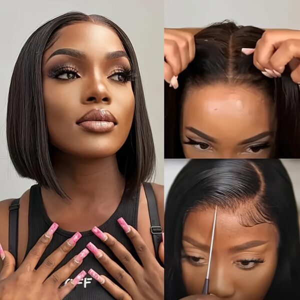4x4 Glueless Wigs Put On And Go Straight Human Hair Wig Short Bob Wig Pre Plucked Pre Cut Lace Air Wig For Women Natural Black 180% Density - Image 12