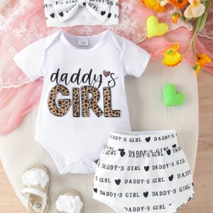 Adorable 3pcs Set for Baby Girls: 'Daddy's Girl' Letter Print Romper, Shorts & Headband - Soft Polyester, Machine Washable - Perfect for Spring/Summer, Perfect for Outdoor