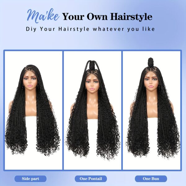 Elegant Full Lace Boho Braided Wig for Women - 180% Density, Box Braids with Curly Ends, Low-Temperature Fiber, Versatile Styling, Black - Image 3