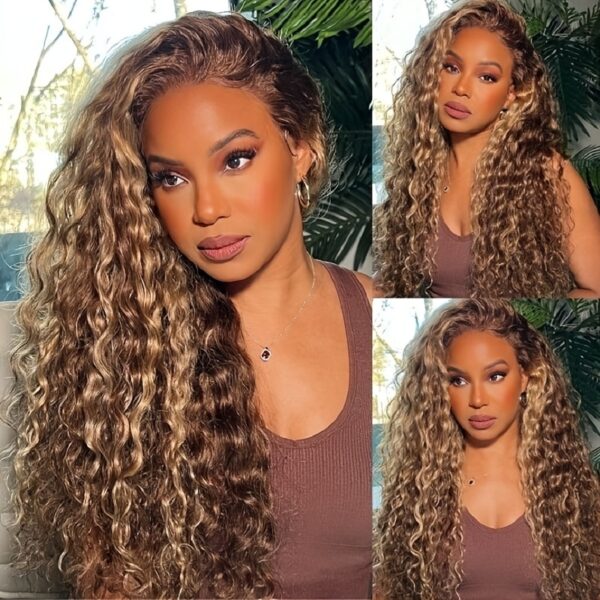 13x4 Highlight Ombre Water Wave Lace Front Wigs Human Hair Pre Plucked 4/27 Colored Glueless Wigs Water Wave Honey Blonde Curly Lace Frontal Wigs 180% Density Human Hair for Women with Baby Hair - Image 2