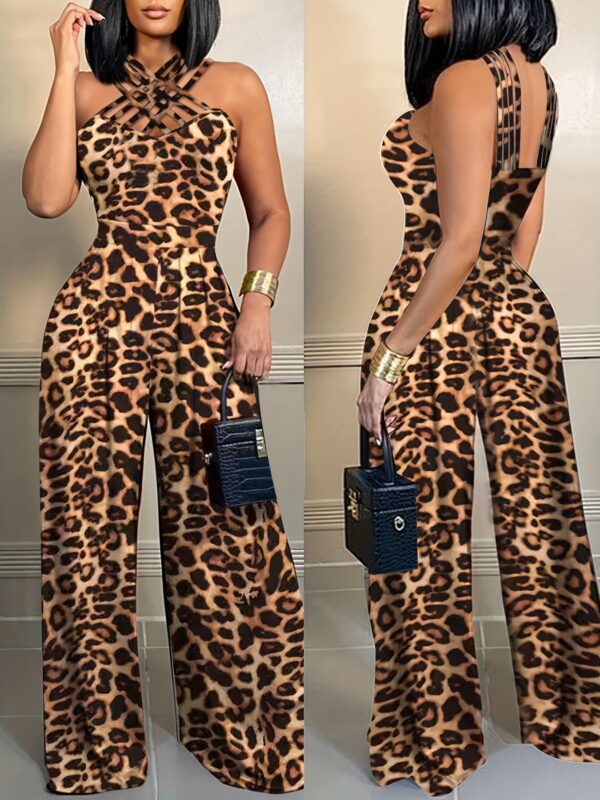 Women's Leopard Print Sleeveless Jumpsuit - Casual Knit Polyester, Wide-Leg Design, Machine Washable, All-Season Fashion for Adults, Allseason Outfit | Leopard Print Attire | Polyester Knit