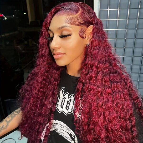 Hot Selling New Styles13x4 Lace Frontal Wigs Human Hair for Women 99J Burgundy HD Transparent Deep Wave Lace Front Wigs Human Hair Pre Plucked Wine Red Glueless Lace Colored Wigs 26inch - Image 2