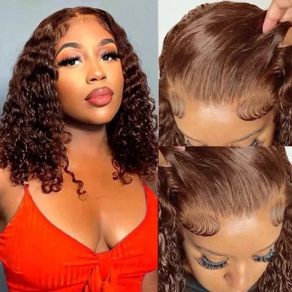250 Density Chocolate Short Bob Wigs Human Hair Wig 13x4 HD Lace Front Wig Deep Wave Pre plucked Transparent Lace Frontal Wig - Image 11