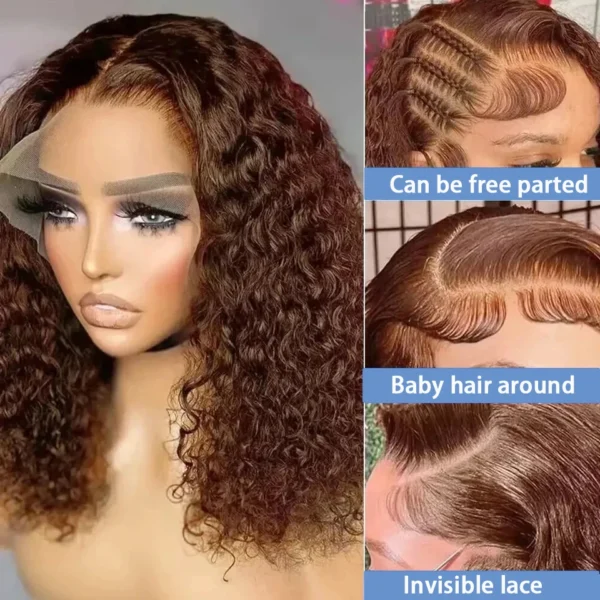 250 Density Chocolate Short Bob Wigs Human Hair Wig 13x4 HD Lace Front Wig Deep Wave Pre plucked Transparent Lace Frontal Wig - Image 7