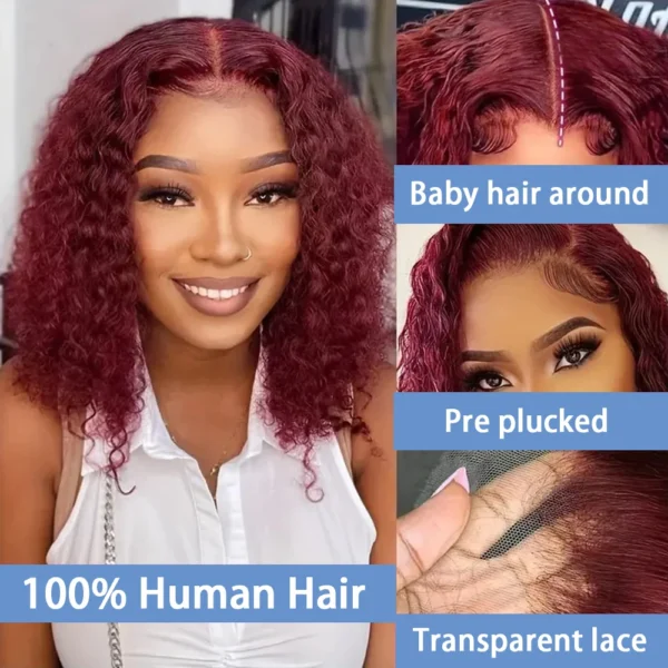 99J Burgundy Short Bob Wigs Human Hair Wig 13x4 Lace Front Wig Deep Wave Pre plucked Transparent Lace Frontal Wig 250 Density - Image 7