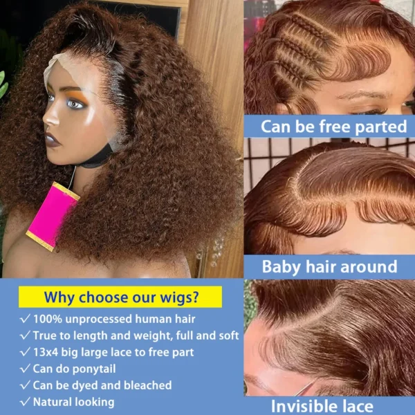 250 Density Chocolate Short Bob Wigs Human Hair Wig 13x4 HD Lace Front Wig Deep Wave Pre plucked Transparent Lace Frontal Wig - Image 3