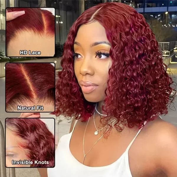 99J Burgundy Short Bob Glueless Hair Wig 13x4 Lace Front Wig Human Hair Red Colored Deep Wave Lace Frontal Wig For Women - Image 4