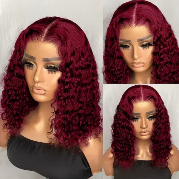 99J Burgundy Short Bob Glueless Hair Wig 13x4 Lace Front Wig Human Hair Red Colored Deep Wave Lace Frontal Wig For Women - Image 3