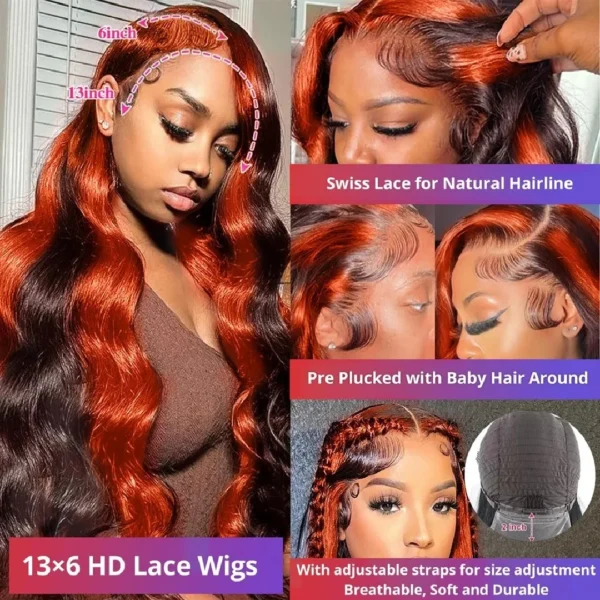 30 32 Inch Highlight 13x6 HD Lace Front Wigs Human Hair Ginger Orange 1B/350 Wet And Wavy 13x5 Body Wave Ombre Wig For Women - Image 3