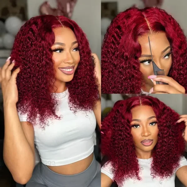 99J Burgundy Short Bob Glueless Hair Wig 13x4 Lace Front Wig Human Hair Red Colored Deep Wave Lace Frontal Wig For Women - Image 2