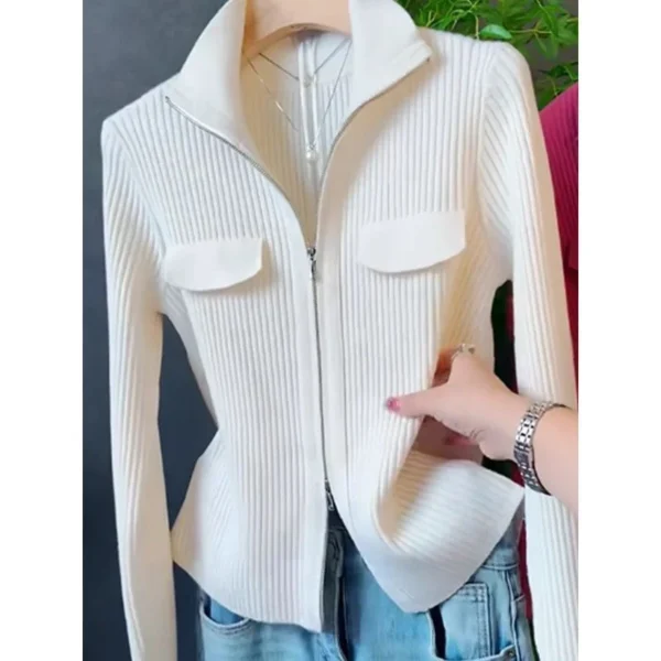 Fashion Zipper Short Knitted Cardigan Sweater 2025 Spring Autumn New Korean Versatile Coat Top Turn-Down Col Sweater Solid Color - Image 11