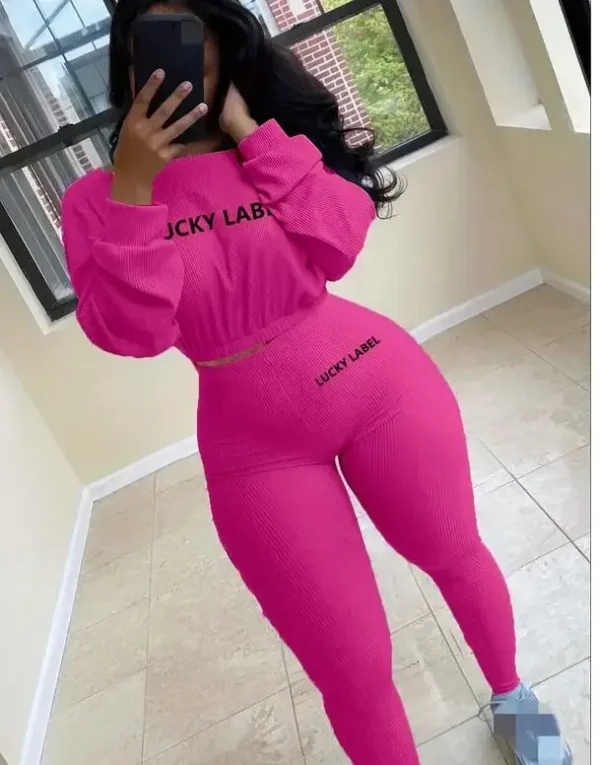 Fashion Summer Solid Lucky Label Letter Embroidery Two Piece Sets Women Sweatshirt+Leggings Casual Sporty Tracksuits Female - Image 20