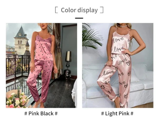 Women Satin Silk Pajamas Sets Letter Print Cami Vest Shirt With Trouser Sleepwear Ladie Sexy Pajama Lingerie Pyjamas Nightwear - Image 12