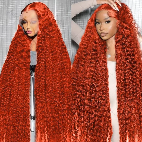 Orange colored Water wave 13x6 hd lace frontal human hair wig Preplucked deep wave 30 inch ginger lace front curly wigs on sale - Image 9
