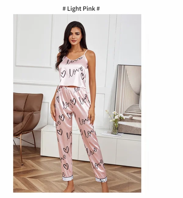 Women Satin Silk Pajamas Sets Letter Print Cami Vest Shirt With Trouser Sleepwear Ladie Sexy Pajama Lingerie Pyjamas Nightwear - Image 20