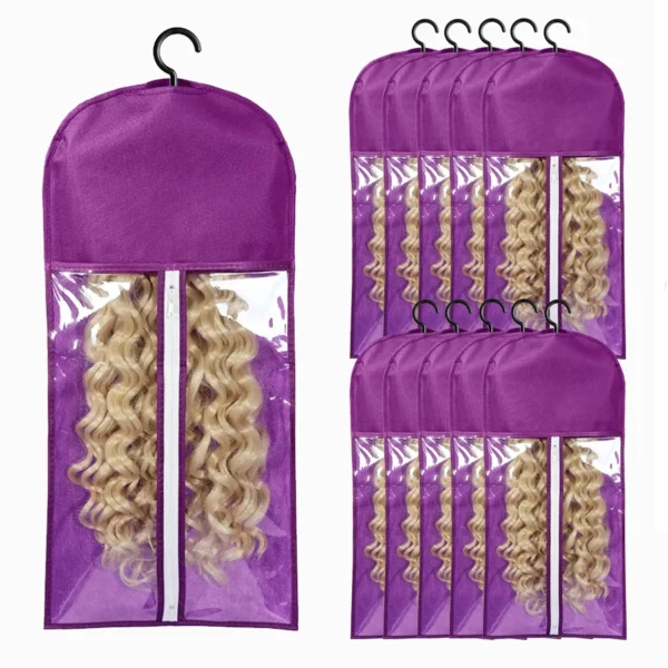 10pcs Long Hair Extensions Storage Bag Non-Woven Dust Proof Wigs Carrier Bags With Plastic Hanger For Home Organizer - Image 9