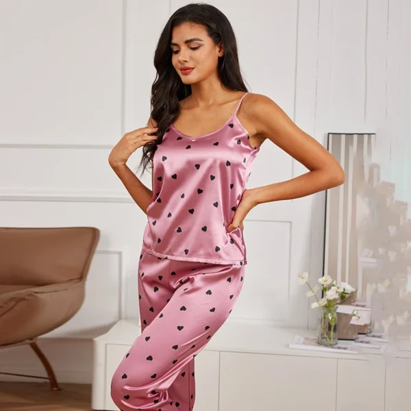 Women Satin Silk Pajamas Sets Letter Print Cami Vest Shirt With Trouser Sleepwear Ladie Sexy Pajama Lingerie Pyjamas Nightwear - Image 8