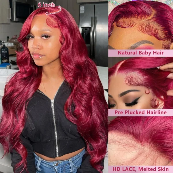 13x6 Hd Lace Front Human Hair Wig 99J Burgundy Preplucked Hd Transparent 13x4 Body Wave Human Hair Lace Frontal Wigs for Women - Image 3