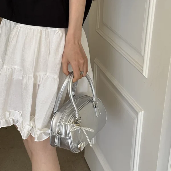 Silver Small Square Bag PU Handheld Crossbody Bag Bowling Bag Fashion Casual Women's Boston Commuter Bag - Image 5