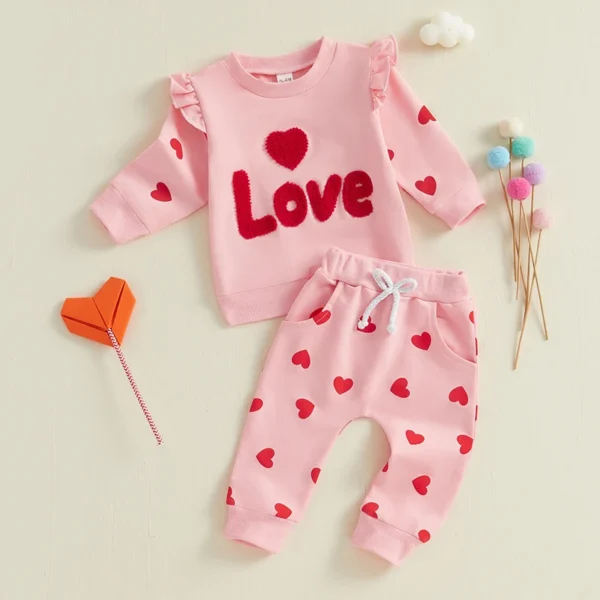 Baby Girls 2-piece Outfit Long Sleeve Embroidery Letters Hoodie with Heart Print Sweatpants Valentines Day Clothes Sets - Image 3