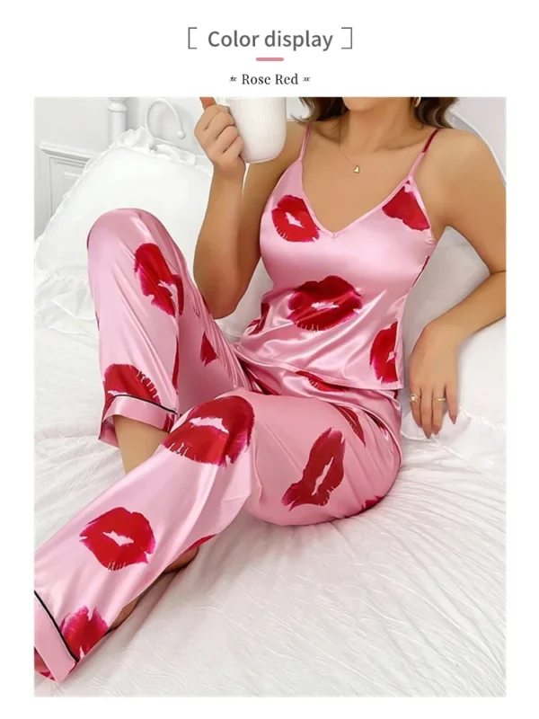 Women's Satin Pajama Set with Lip Print V-Neck Cami Top and Elastic Pants For Women Pijama Comfortable Sleep and Loungwear - Image 10