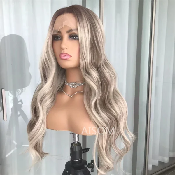 Body Wave Lace Front Wig Highlight Ash Blonde Lace Frontal Synthetic Wigs Pre Plucked Long Wavy Synthetic Lace Wig for Women - Image 3