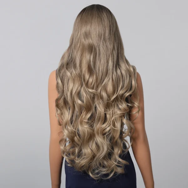 Loose Body Wave Synthetic Wigs Long Brown Blonde Ombre Wig with Bangs Wave Curl Wigs for Black Women Heat Resistant Daily Party - Image 3