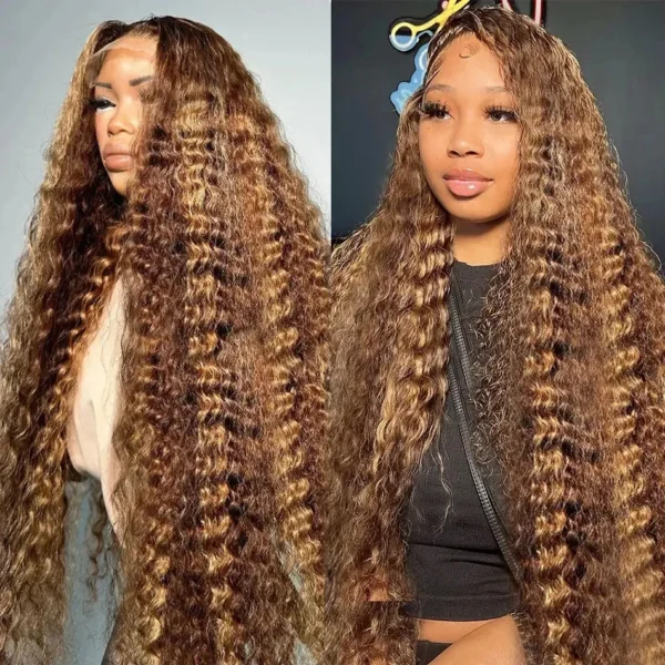 Hd Transparent Curly Highlight 13x6 Lace Frontal Wig Human Hair Deep Wave Blonde Ombre Color Water Wave Lace Font Wigs For Women - Image 10
