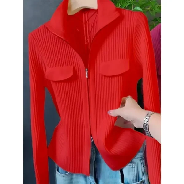 Fashion Zipper Short Knitted Cardigan Sweater 2025 Spring Autumn New Korean Versatile Coat Top Turn-Down Col Sweater Solid Color - Image 9