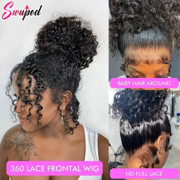 250 Density HD Invisi Strap 360 Full Lace Frontal Kinky Curly Wig 30 inch Black Human Hair Drawstring Snug Water Wig Glueless - Image 2