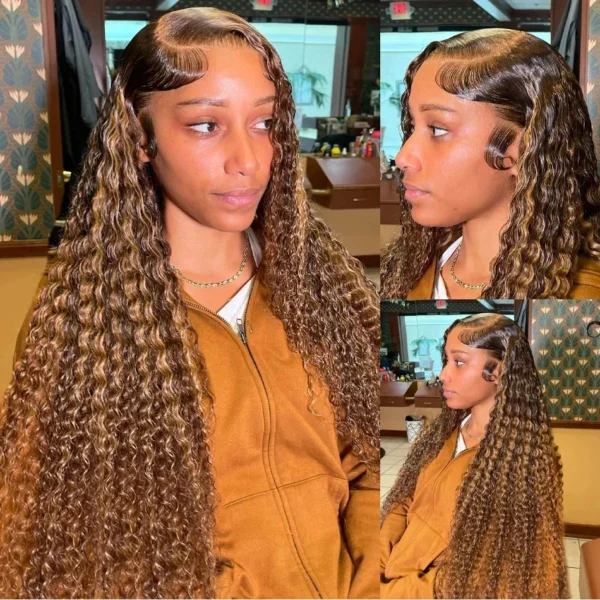 Hd Transparent Curly Highlight 13x6 Lace Frontal Wig Human Hair Deep Wave Blonde Ombre Color Water Wave Lace Font Wigs For Women - Image 11