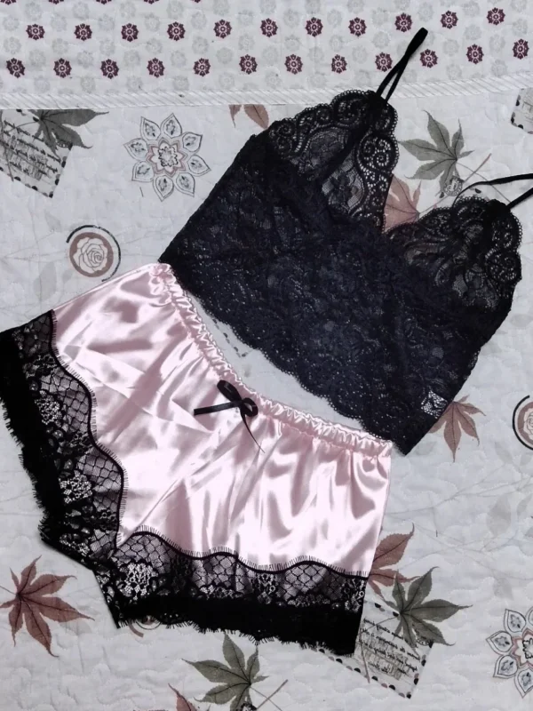 2 Pieces Pajamas Set for Women Sleepwear Sexy Lingerie Lace Silk Crop Tops and Shorts Sets Casual Nightwear Pijamas - Image 12
