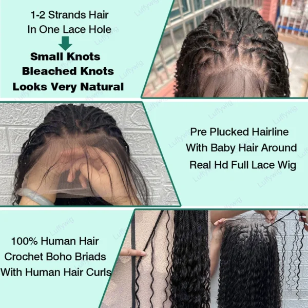 Boho Knotless Braids Hd Full Lace Wig Human Hair Braided Wigs for Black Women Braided Ponytail Wig Natural with Baby Hair LUFFY - Image 5