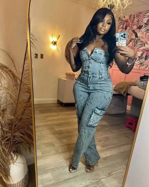 Multi Pockets Jeans Cargo Jumpsuit Sexy Women Strapless Elegant Denim Casual Overalls Romper - Image 2