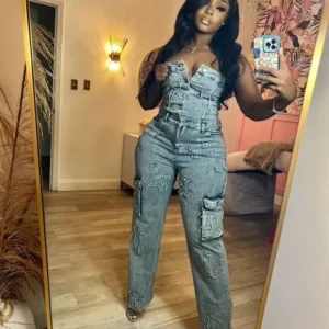 Multi Pockets Jeans Cargo Jumpsuit Sexy Women Strapless Elegant Denim Casual Overalls Romper