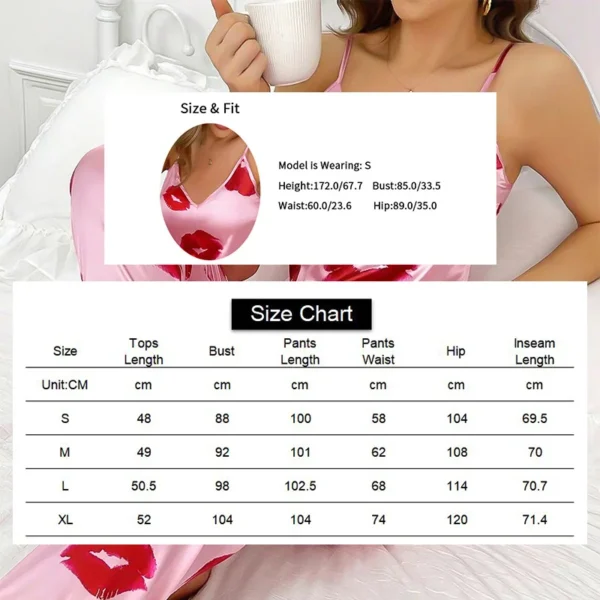 Women's Satin Pajama Set with Lip Print V-Neck Cami Top and Elastic Pants For Women Pijama Comfortable Sleep and Loungwear - Image 6