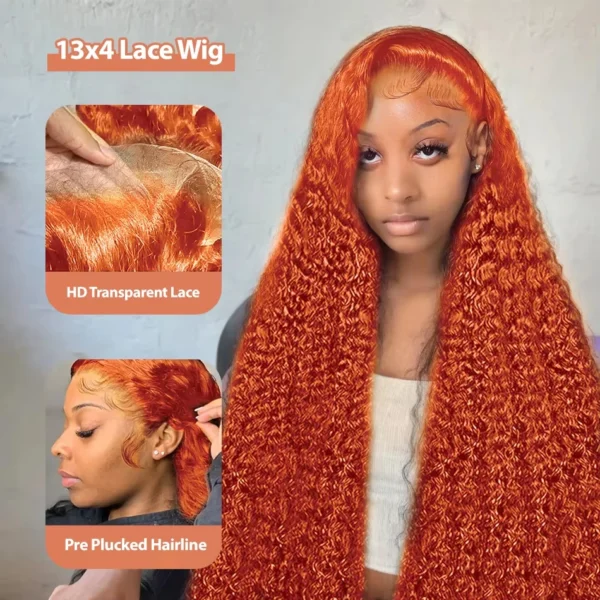 Orange colored Water wave 13x6 hd lace frontal human hair wig Preplucked deep wave 30 inch ginger lace front curly wigs on sale - Image 2
