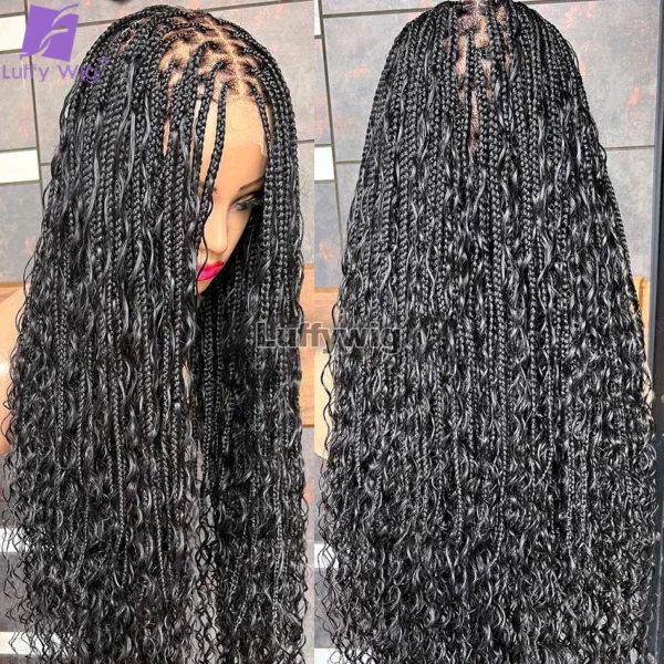 Boho Knotless Braids Hd Full Lace Wig Human Hair Braided Wigs for Black Women Braided Ponytail Wig Natural with Baby Hair LUFFY - Image 2